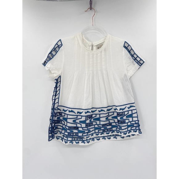 Sea Tops - SEA New York White Blue Embroidered Pleated Short Sleeve Blouse Top Size 0